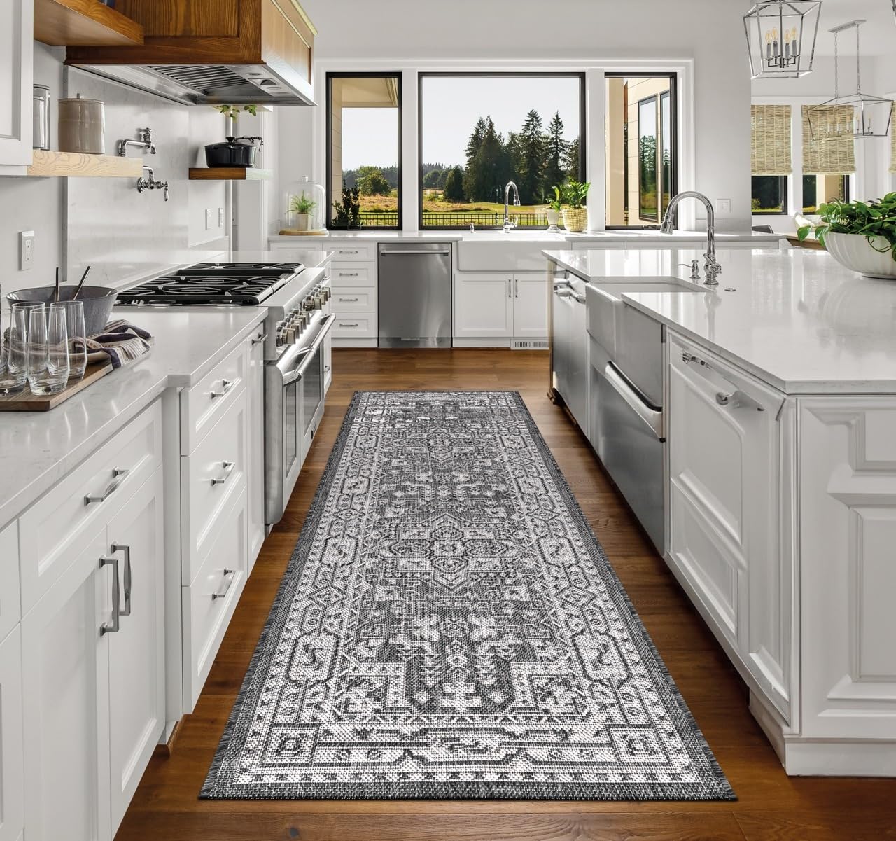 Top-down view of the Black and gray Persian medallion outdoor rug