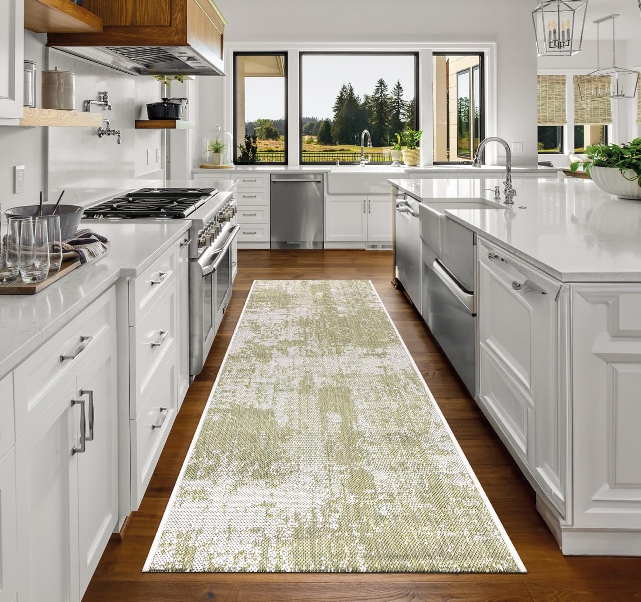 Top-down view of the Green and ivory modern abstract outdoor rug