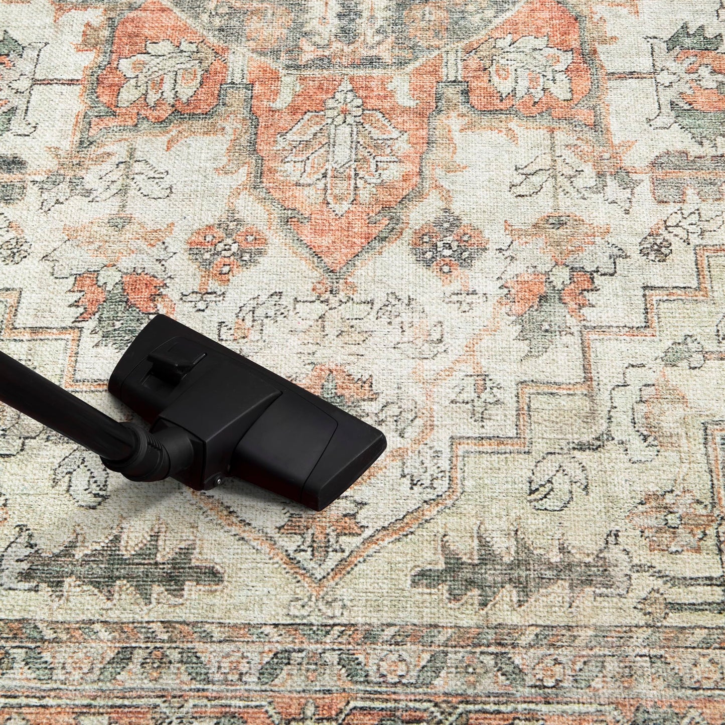 Top-down view of the rust orange and ivory Persian Shahsavan stripe rug