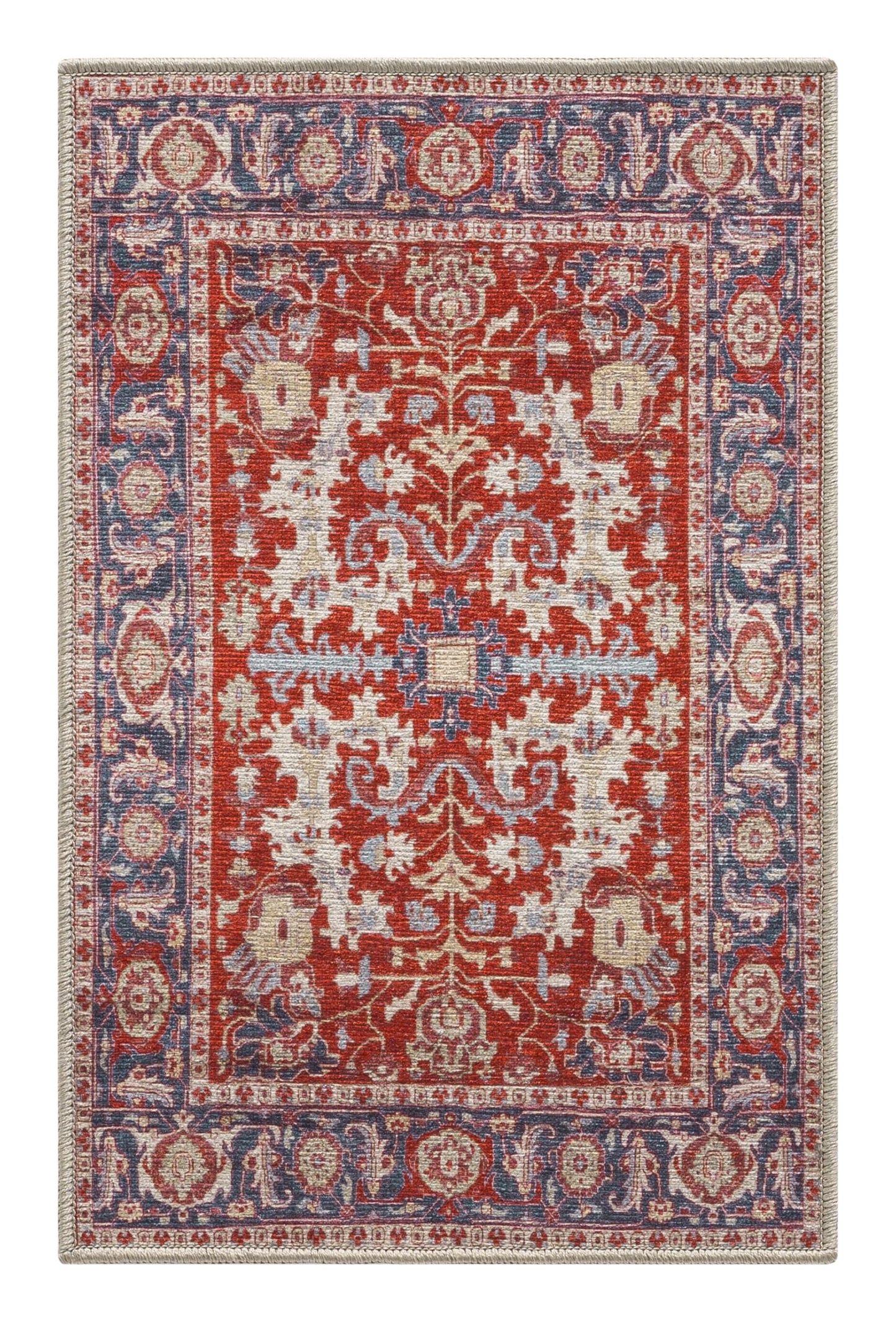 Top-down view of the crimson and teal antique Persian Serapi rug