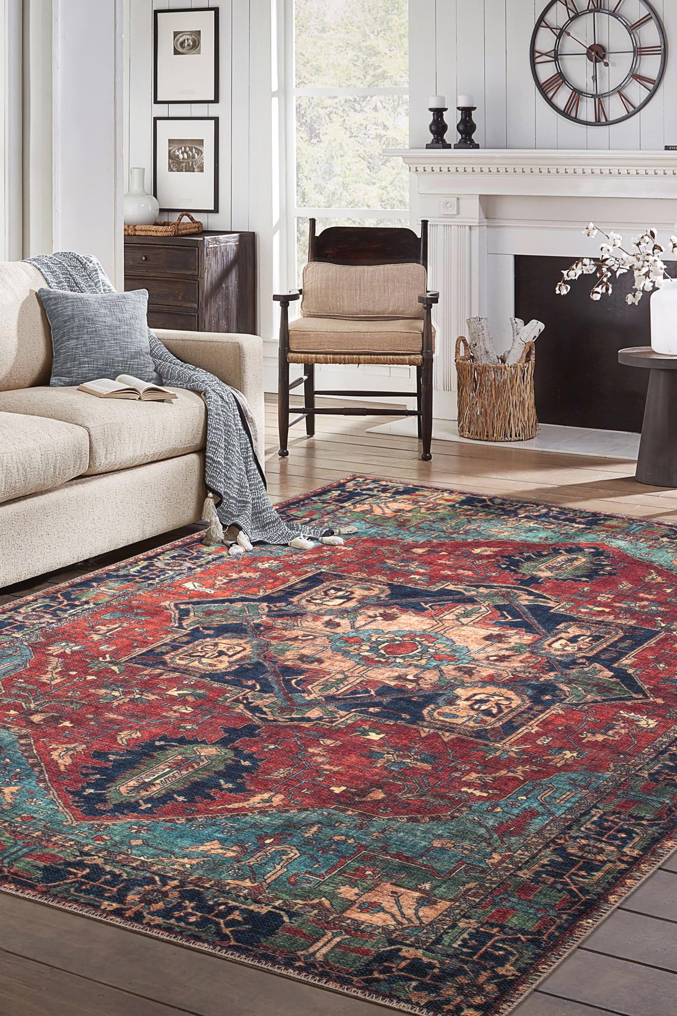 Top-down view of the red and navy antique Mahal Persian rug