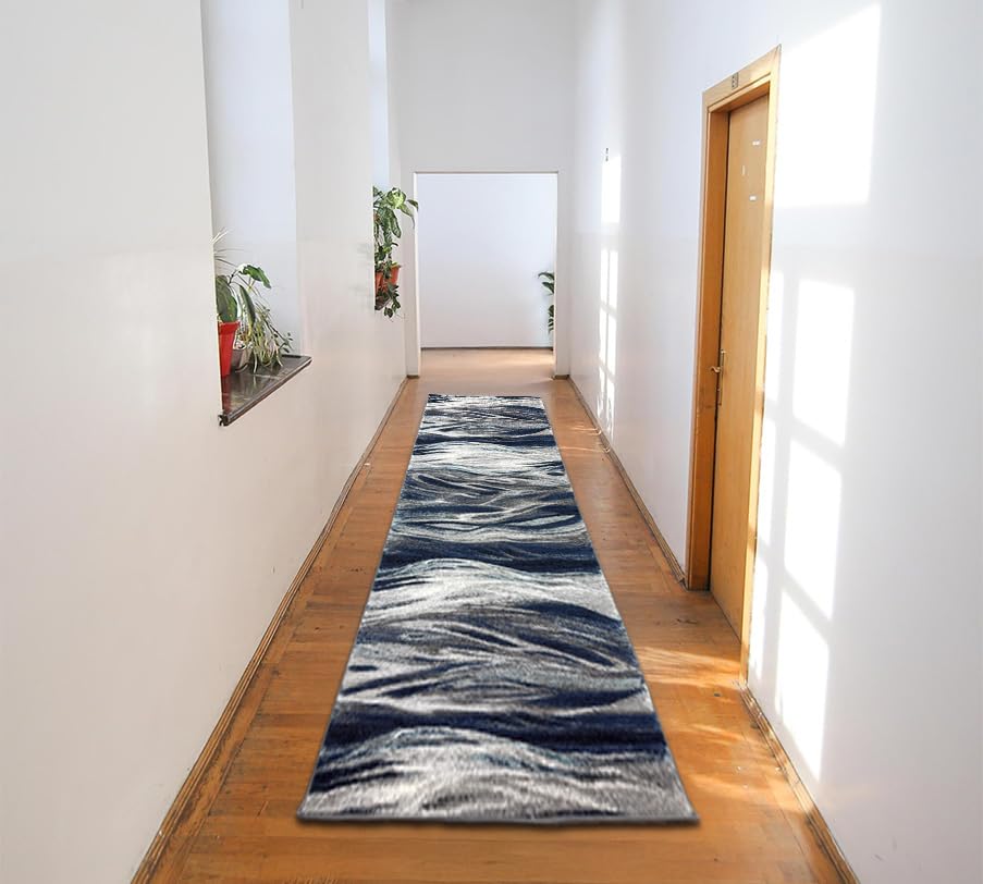 Stain-resistant navy rug in a high-traffic hallway