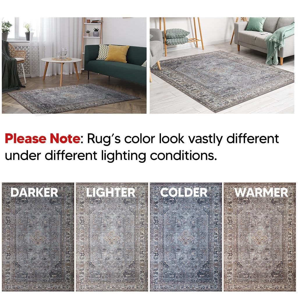 Cool-toned Heriz rug in a dining room with light wood table