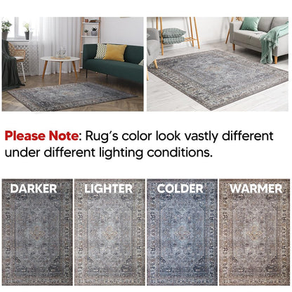 Cool-toned Heriz rug in a dining room with light wood table