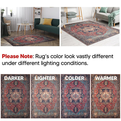 Antique Mahal rug in a dining room with dark wood table