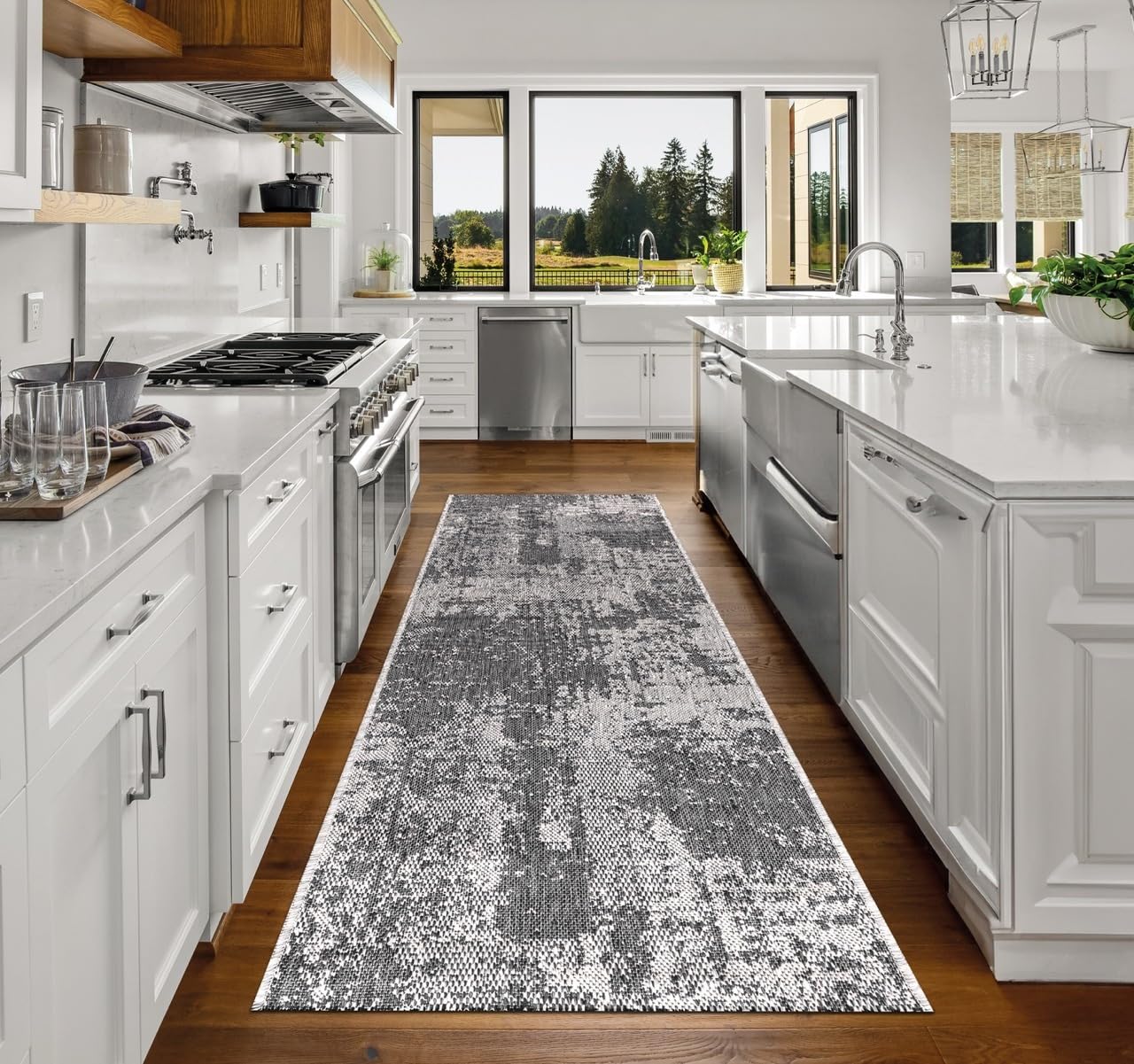 Top-down view of the Black and ivory modern abstract outdoor rug