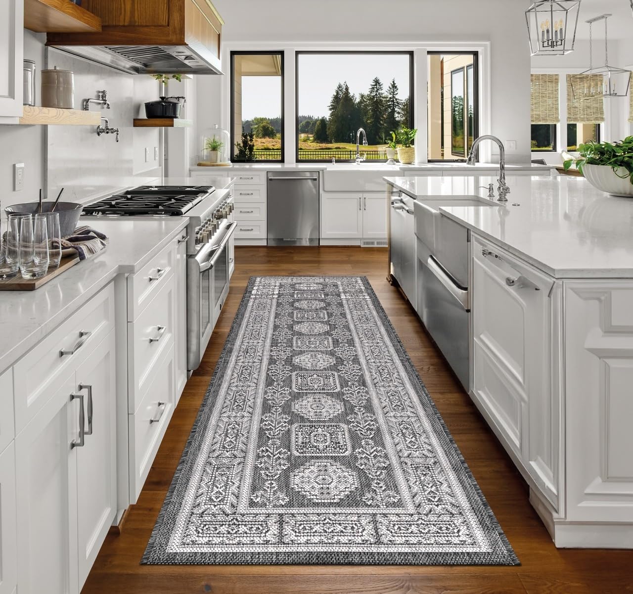 Top-down view of the Black and gray Anatolian medallion outdoor rug