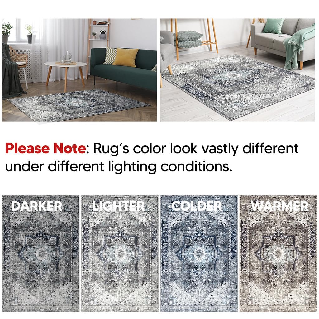 Modern Heriz rug in a moody dining room with metal pendant lights
