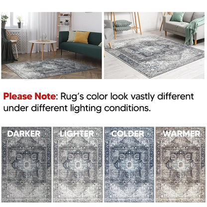 Modern Heriz rug in a moody dining room with metal pendant lights