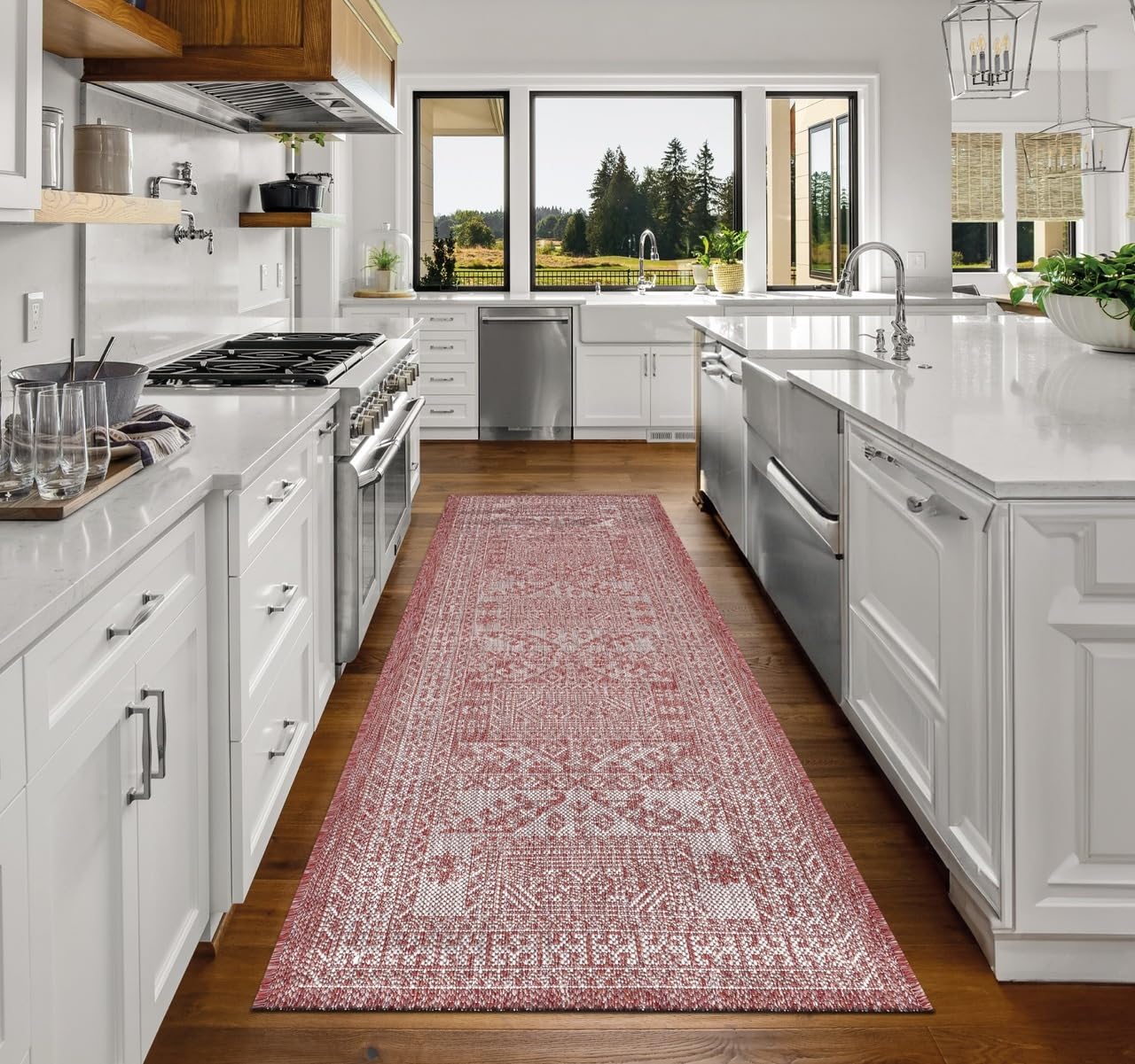 Top-down view of the Terracotta and gray tribal heritage outdoor rug
