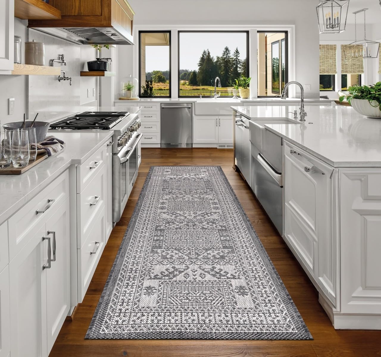 Top-down view of the Black and gray tribal heritage outdoor rug