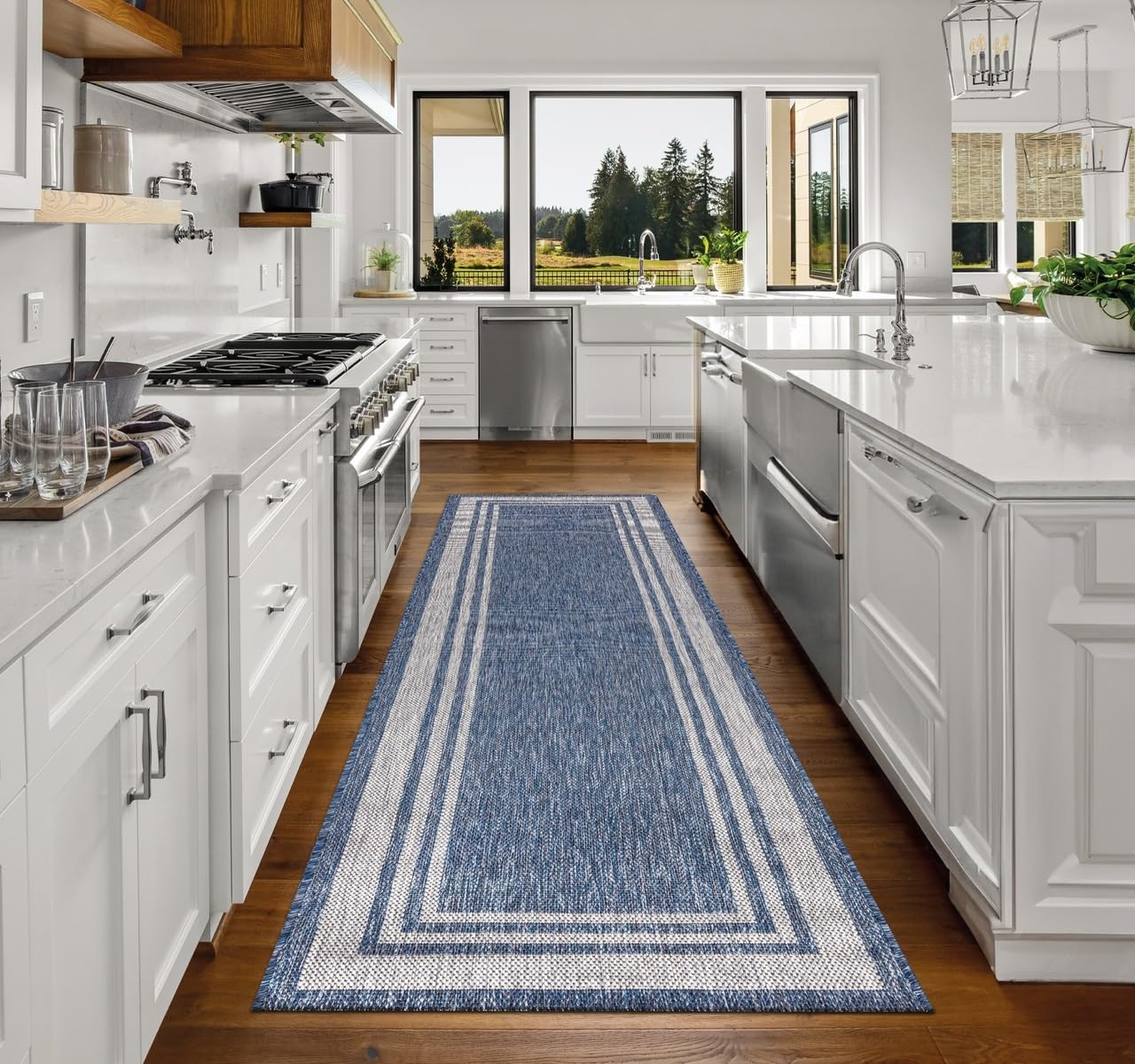 Top-down view of the navy and ivory bordered outdoor rug