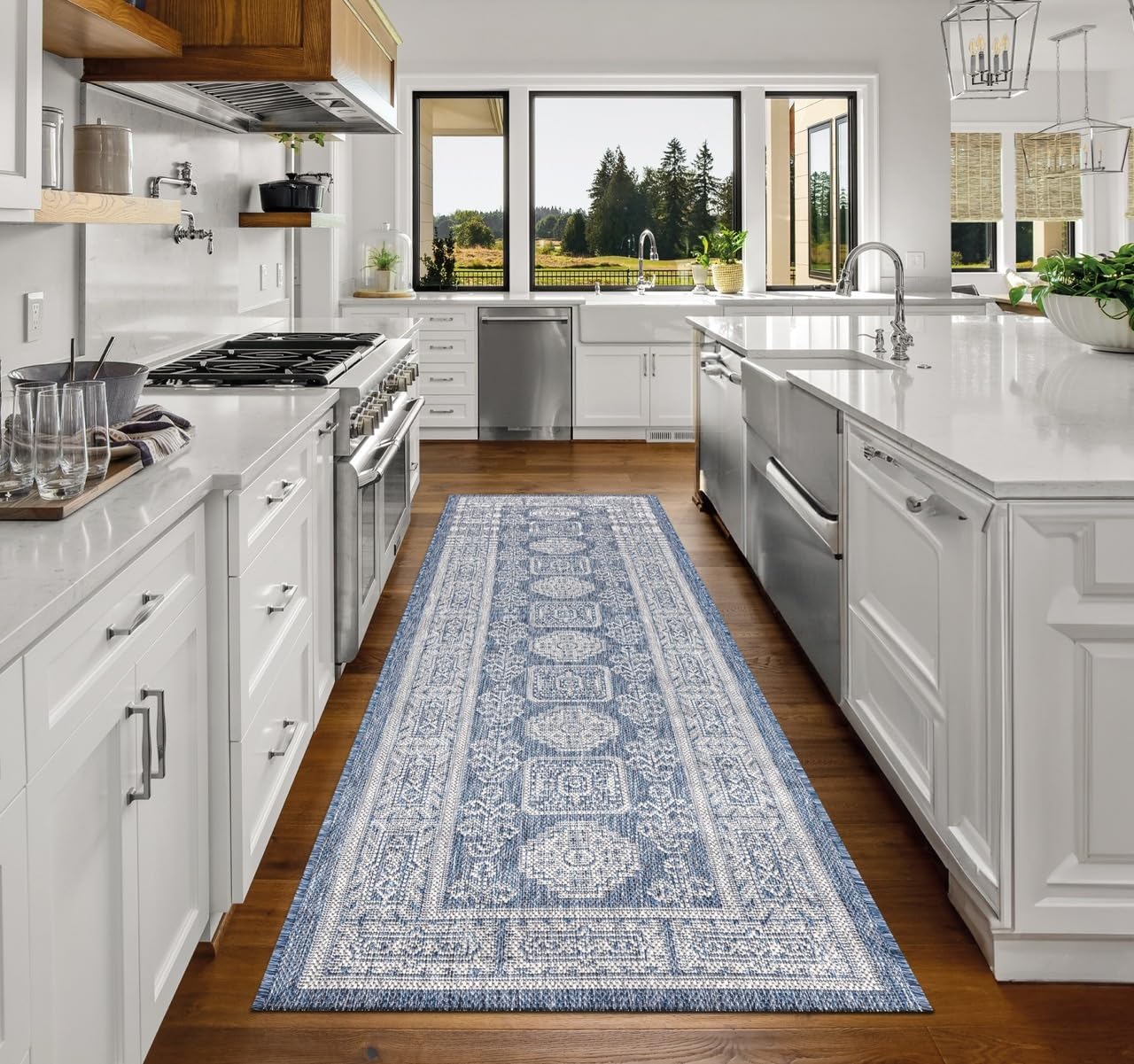 Top-down view of the Navy and ivory Anatolian medallion outdoor rug