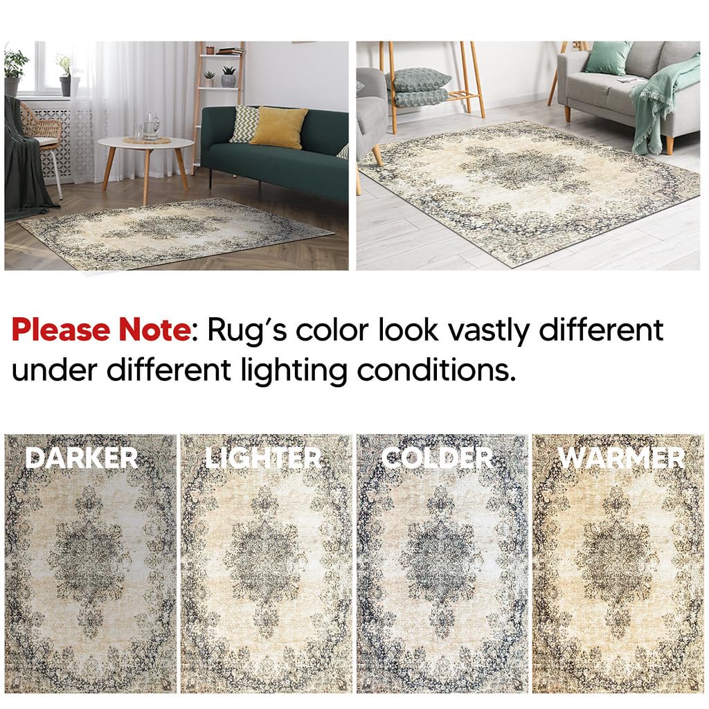 Tiderug Machine Washable Rugs, Beige / Blue