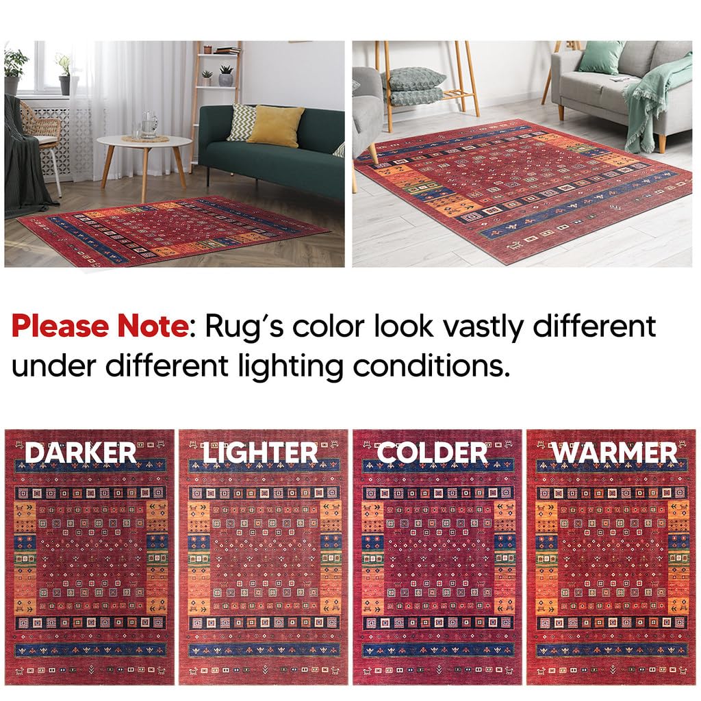 Antique-style Afghan rug in a dining room with wood table