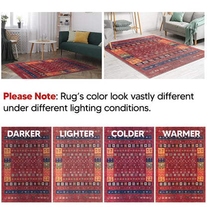 Antique-style Afghan rug in a dining room with wood table