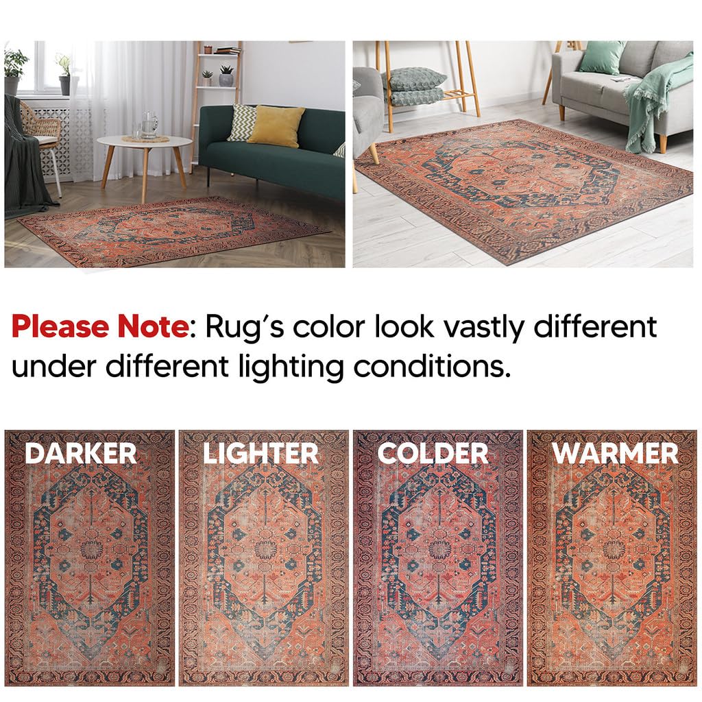 Antique Heriz rug in a dining room with modern wood table