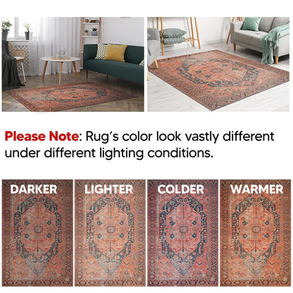 Antique Heriz rug in a dining room with modern wood table