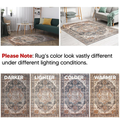 Charcoal Persian rug in a designer dining room with metal pendants