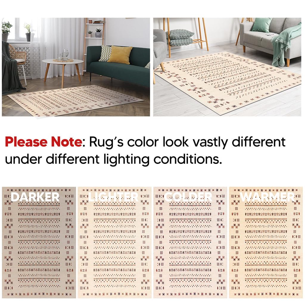 Tribal Gabbeh rug in a boho-modern dining room with rattan accents