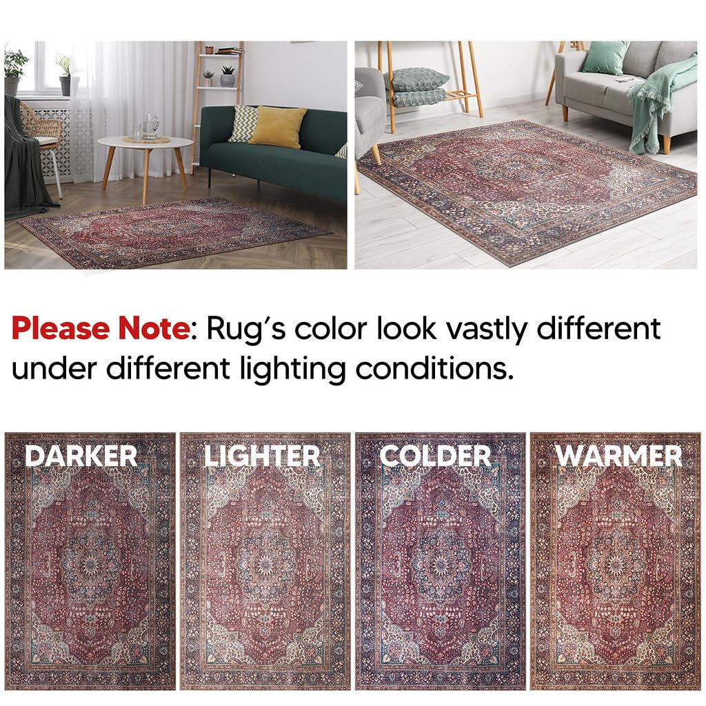 Tiderug Machine Washable Rugs, Red/Dark Beige