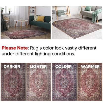 Tiderug Machine Washable Rugs, Red/Dark Beige
