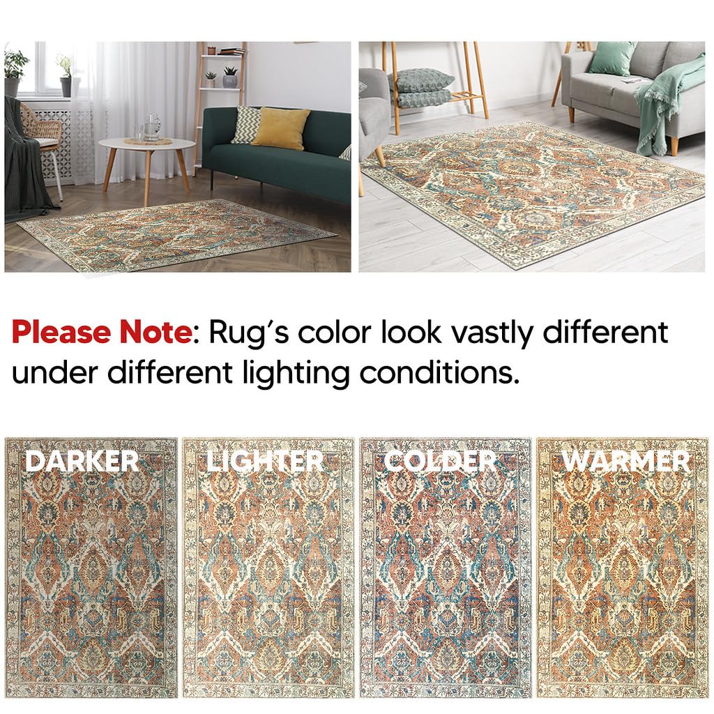 Earth-tone area rug in a kitchen with cream cabinets