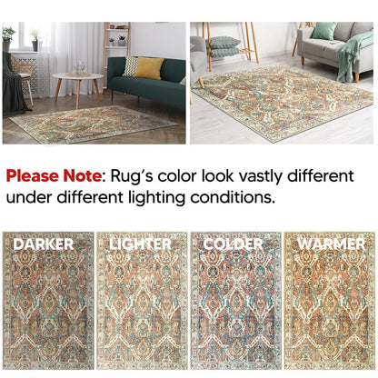 Earth-tone area rug in a kitchen with cream cabinets