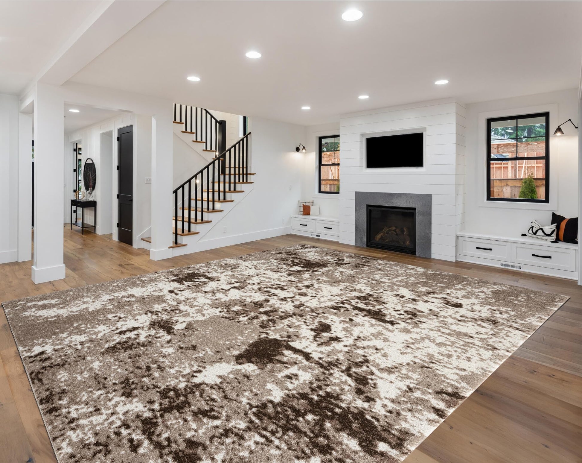 Neutral beige rug in a Scandinavian-style living room