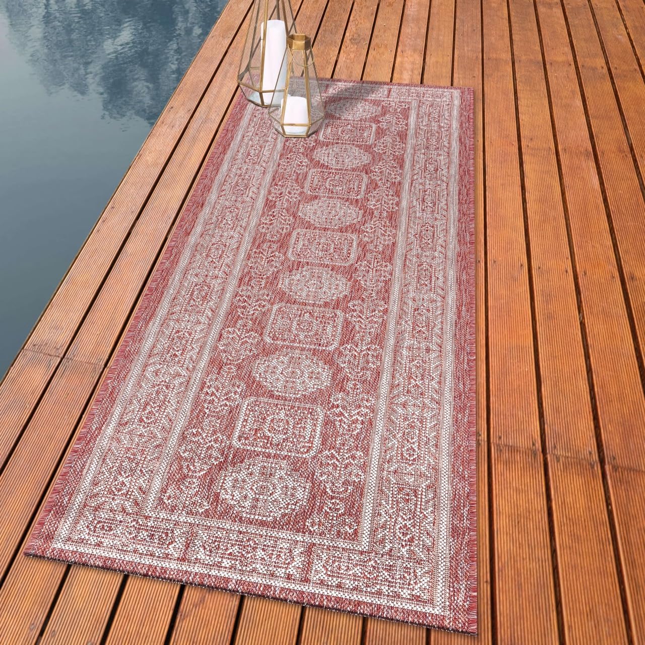 Anatolian heritage outdoor rug styled with mediterranean dining furniture