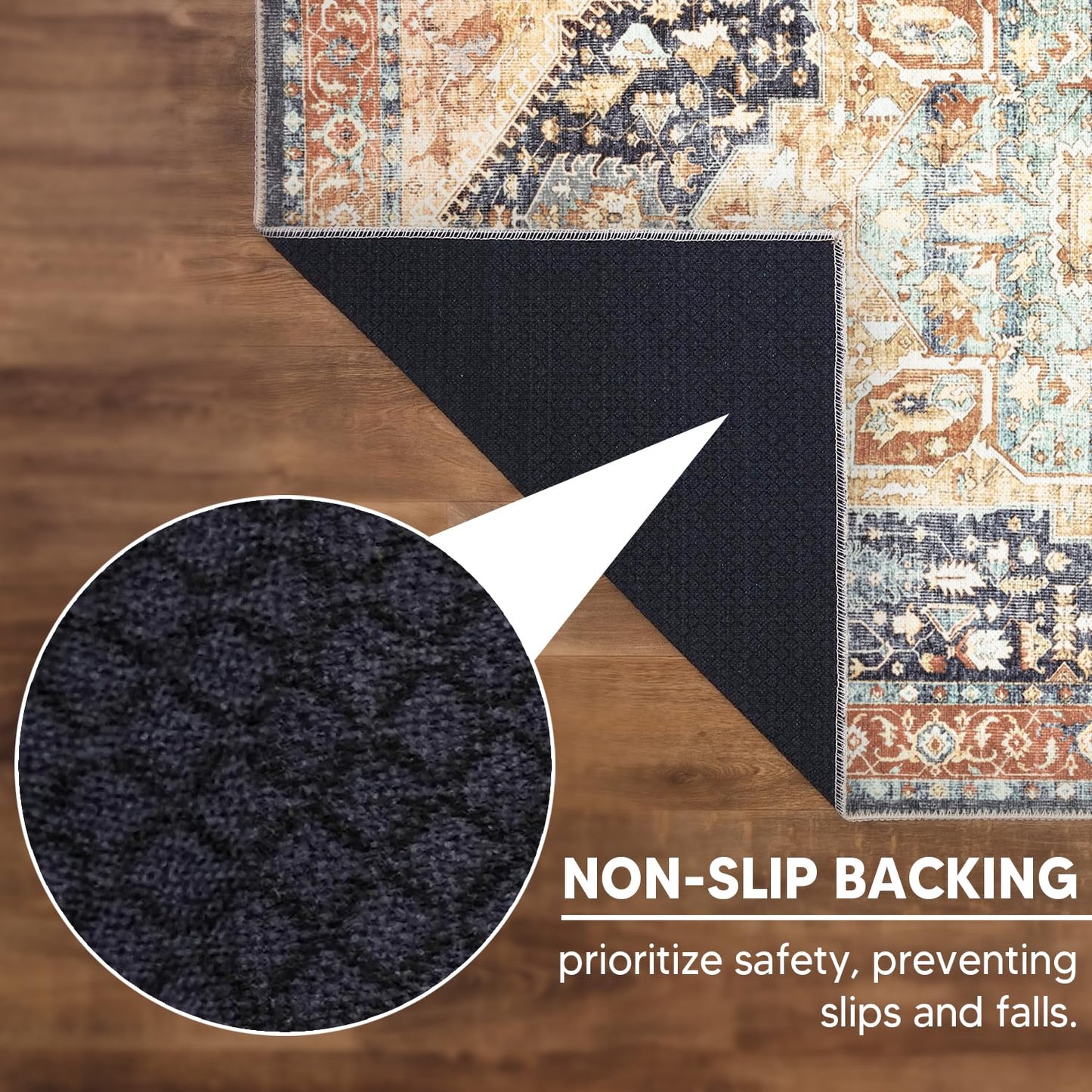 Navy Heriz rug in a layered traditional bedroom