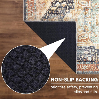Navy Heriz rug in a layered traditional bedroom