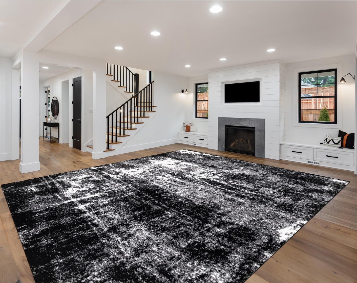 Dark abstract rug as a statement piece in a contemporary living room