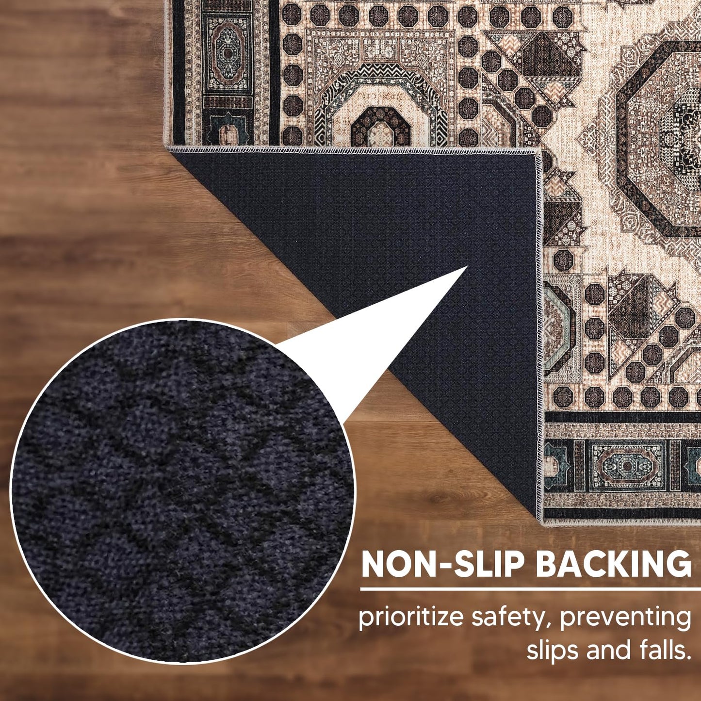 Mamluk rug in a sophisticated bedroom with dark wood furniture