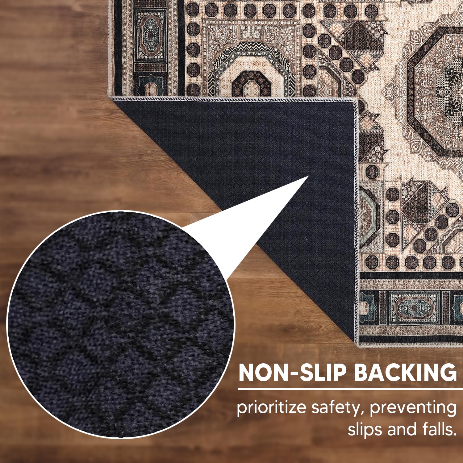 Mamluk rug in a sophisticated bedroom with dark wood furniture