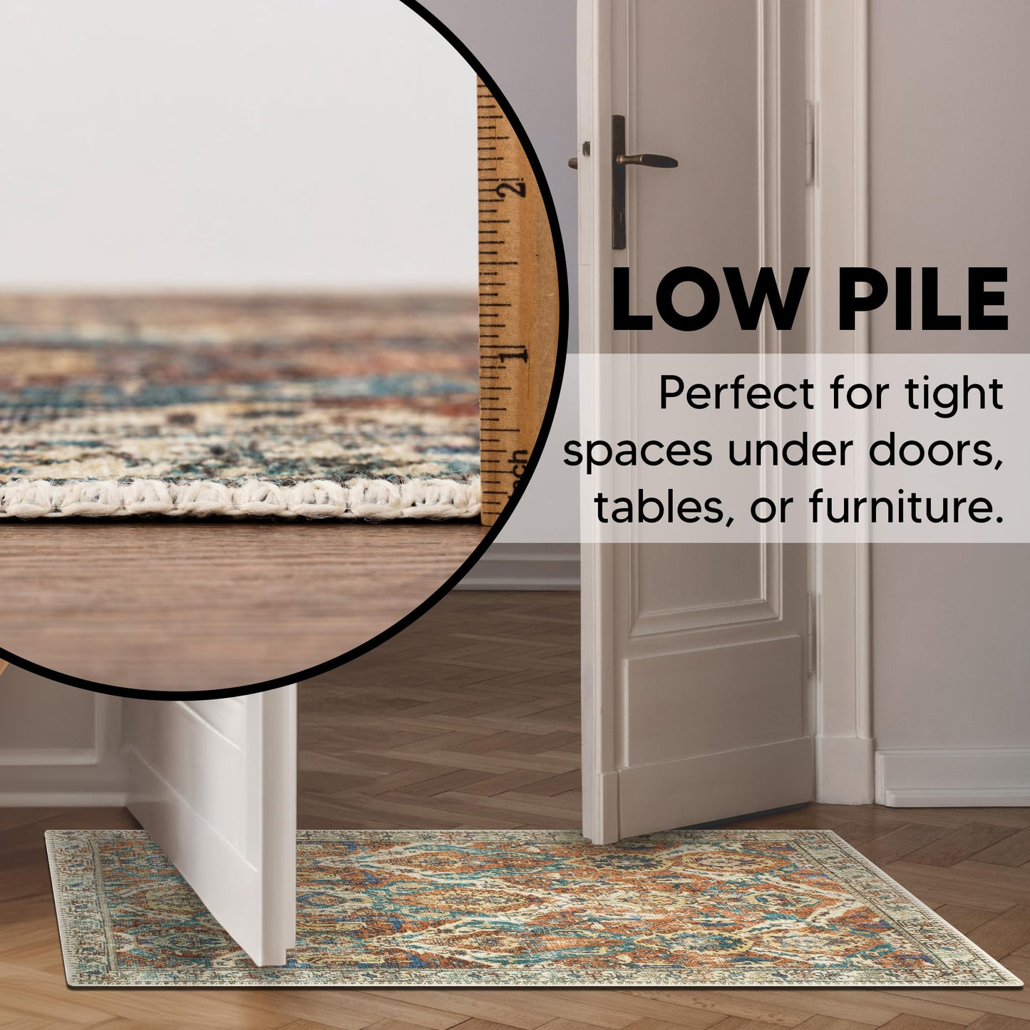 Detail of the vintage motif on the washable rug