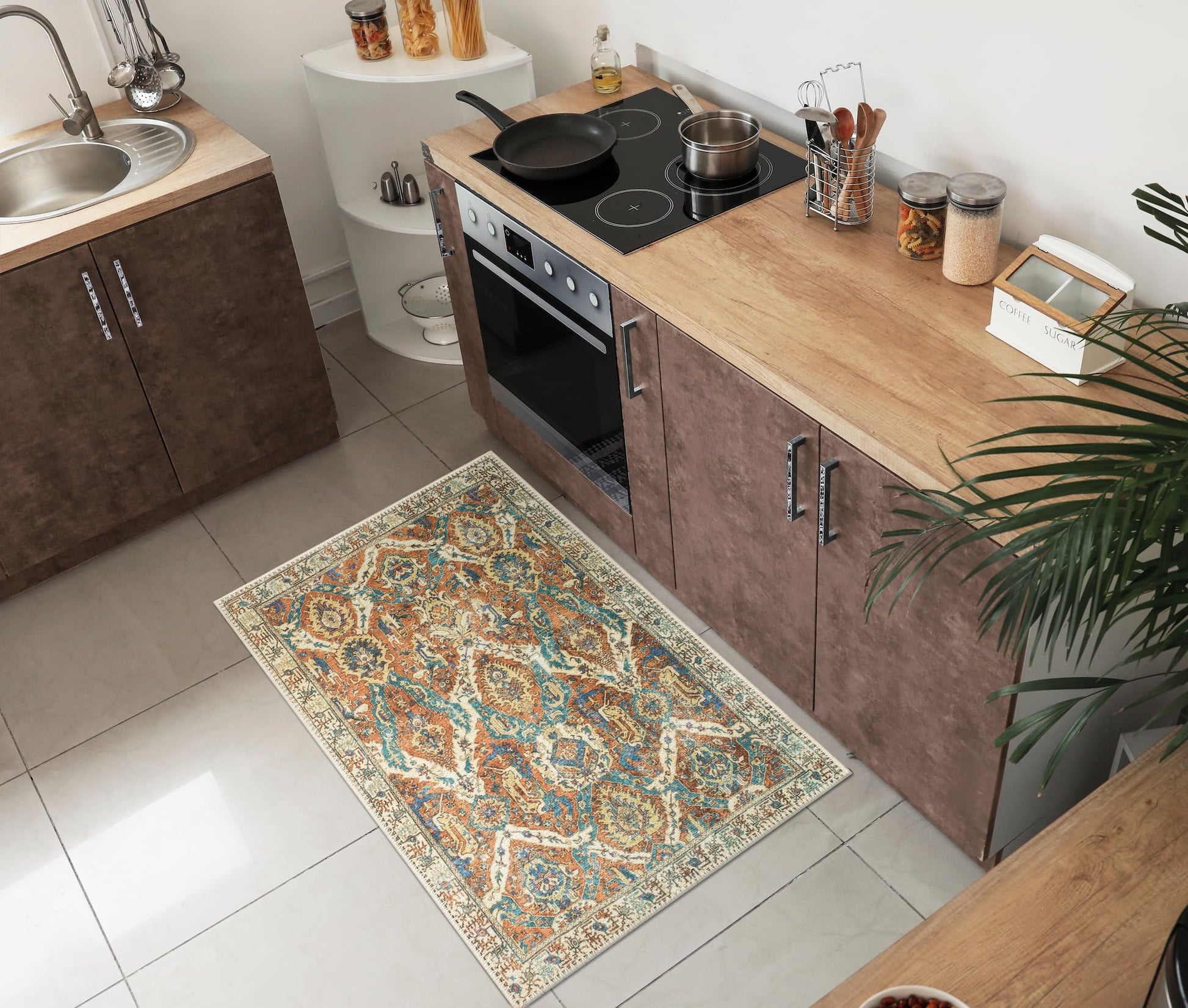 Persian-style washable rug under a sofa with neutral pillows