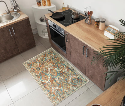 Persian-style washable rug under a sofa with neutral pillows