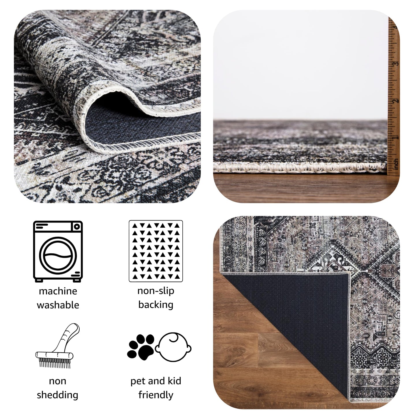 Tiderug Machine Washable Rugs, Black