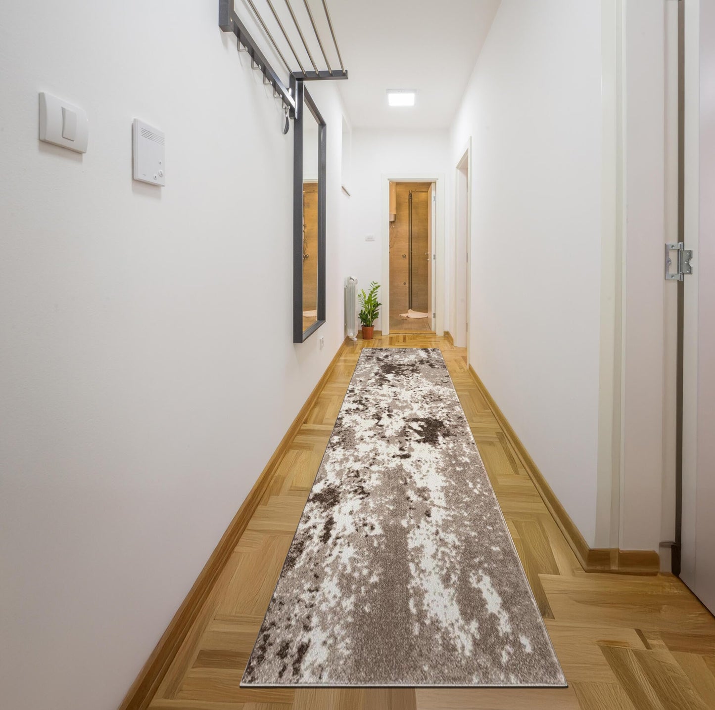 Beige abstract rug in a transitional dining room