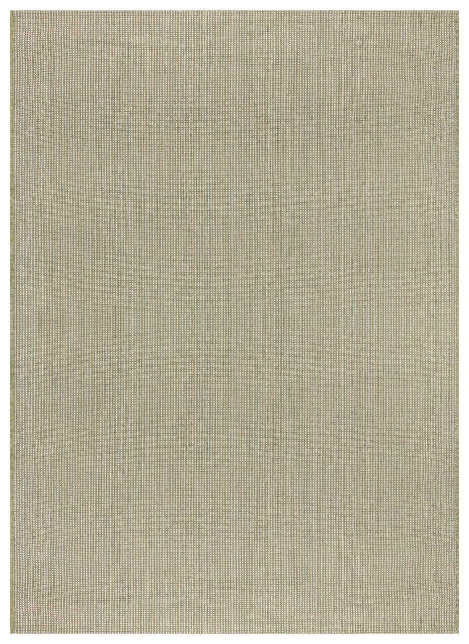 Solid green minimalist outdoor rug on covered teak patio