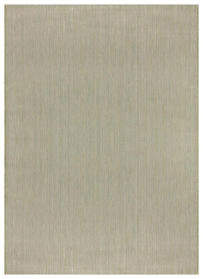 Solid green minimalist outdoor rug on covered teak patio