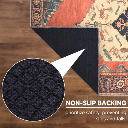Indigo and rust Hamadan rug in a layered traditional bedroom