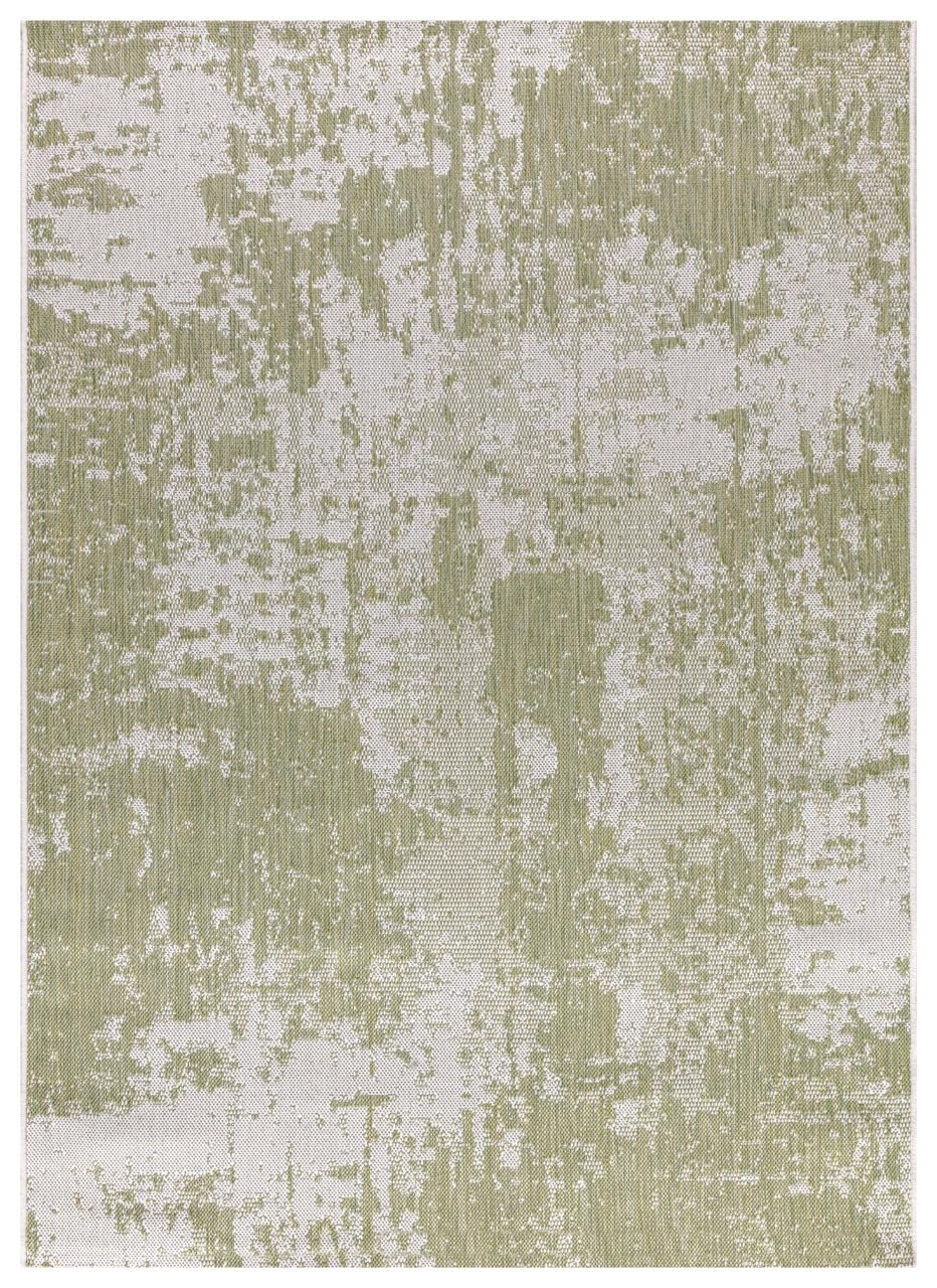 Green and ivory modern abstract outdoor rug on covered teak patio