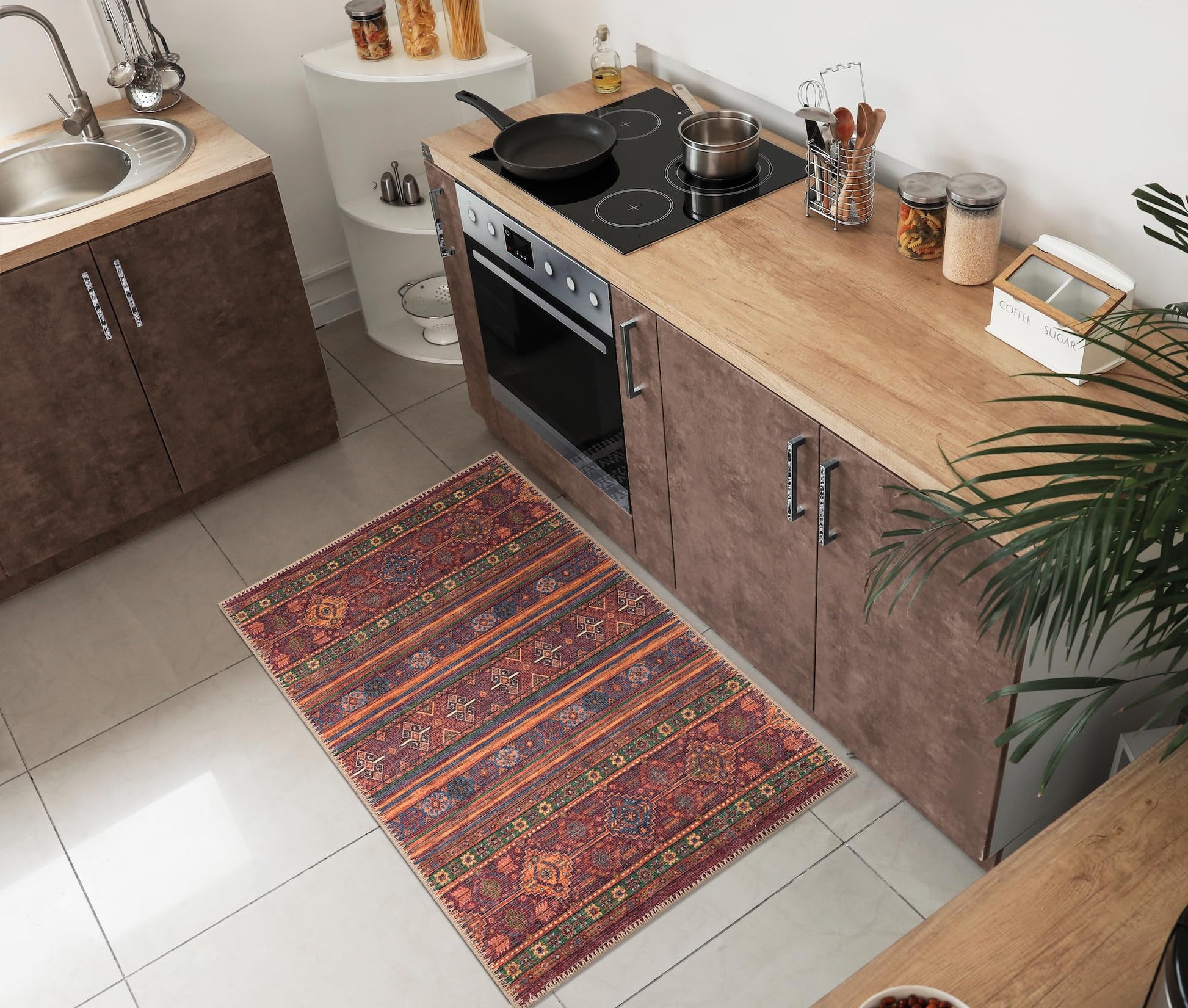 Turkish kilim under a leather sofa with terracotta accents