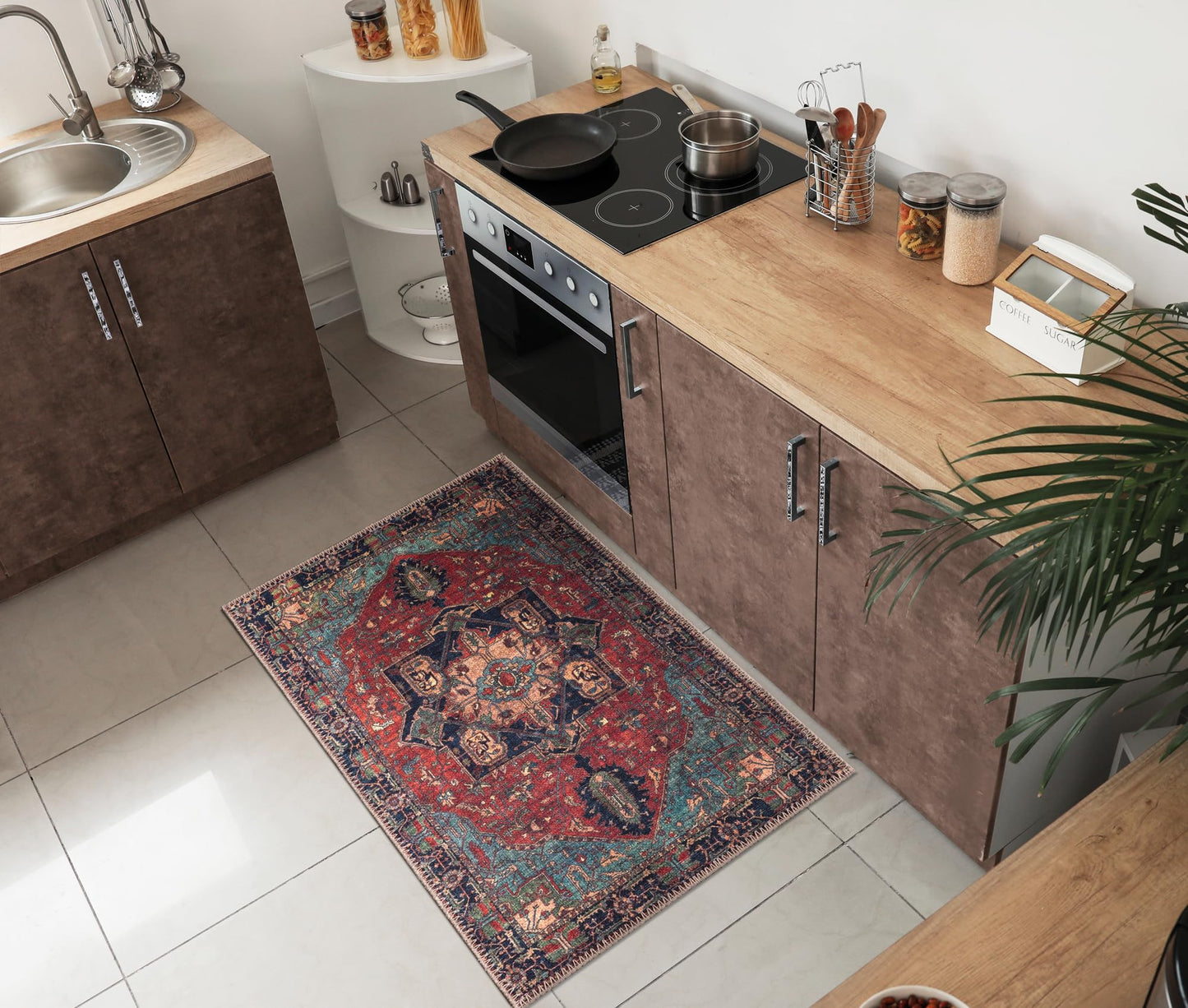 Mahal Persian rug under a leather sofa with brass accents