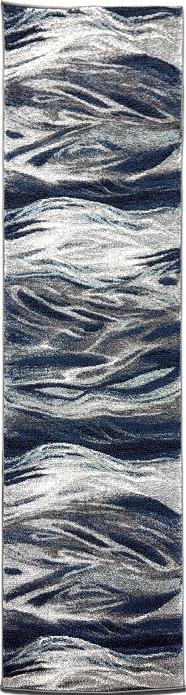 Full overhead view of the navy abstract Skrik area rug