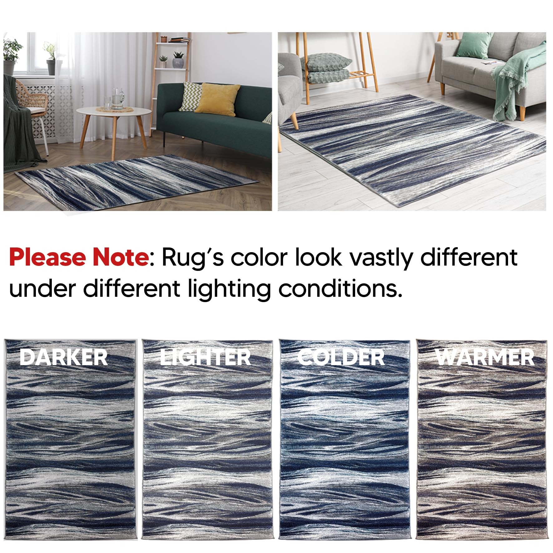 8x10 navy Skrik rug paired with a linen sectional