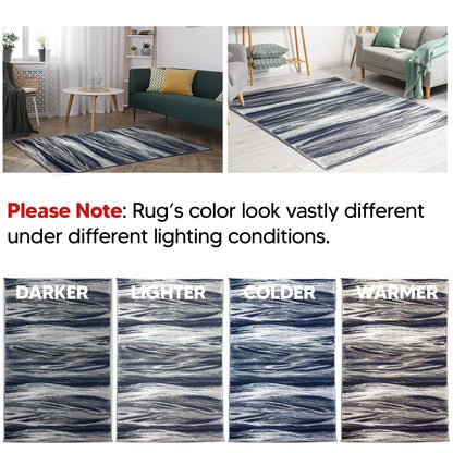 8x10 navy Skrik rug paired with a linen sectional