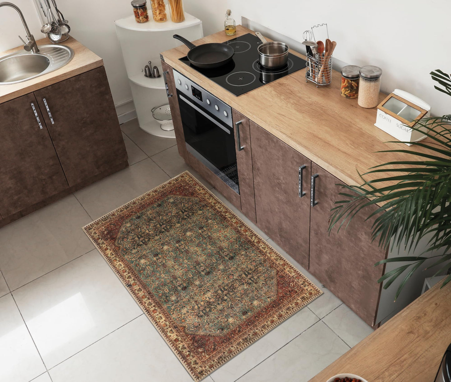 Tiderug Machine Washable Rugs, Green / Brown